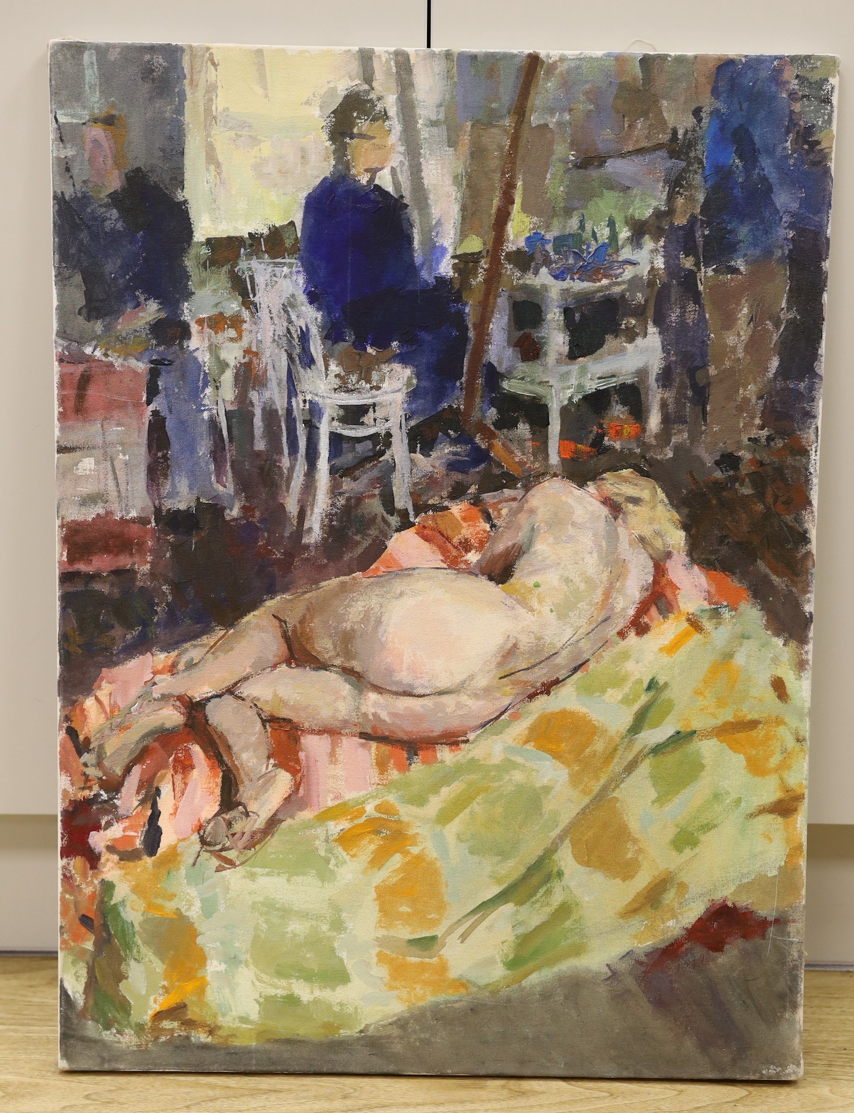 Modern British, oil on canvas, Nude in the studio, 76 x 56cm, unframed